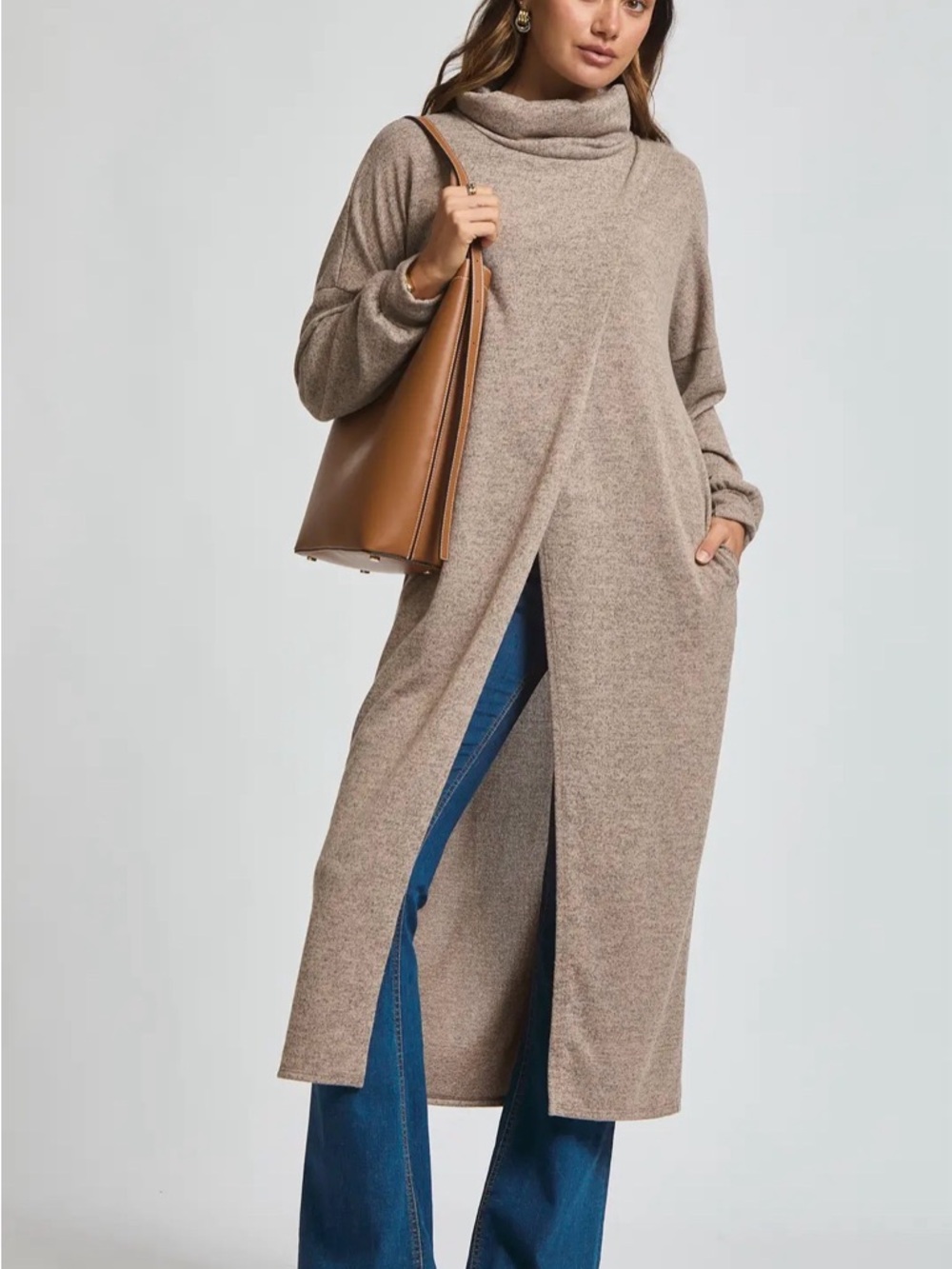 Cozy Taupe Long Split-Side Turtleneck Sweater Dress